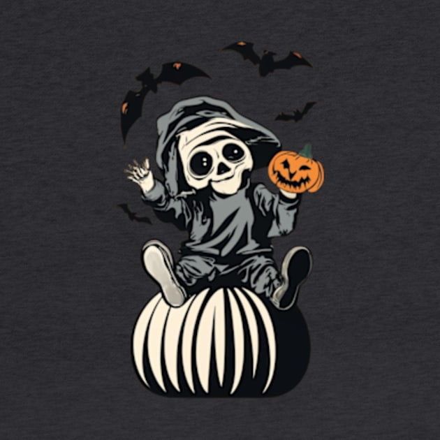 “Skeleton with Jack-O-Lantern and Bats by emblemat2000@gmail.com